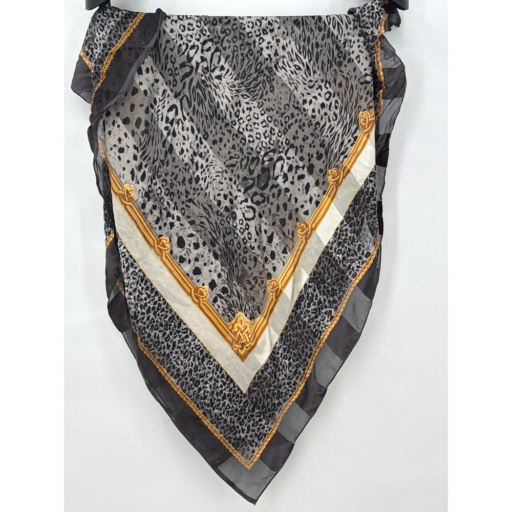 Leopard Print Square Scarf Grey Black Gold Chain Border Sheer Silk Chiffon